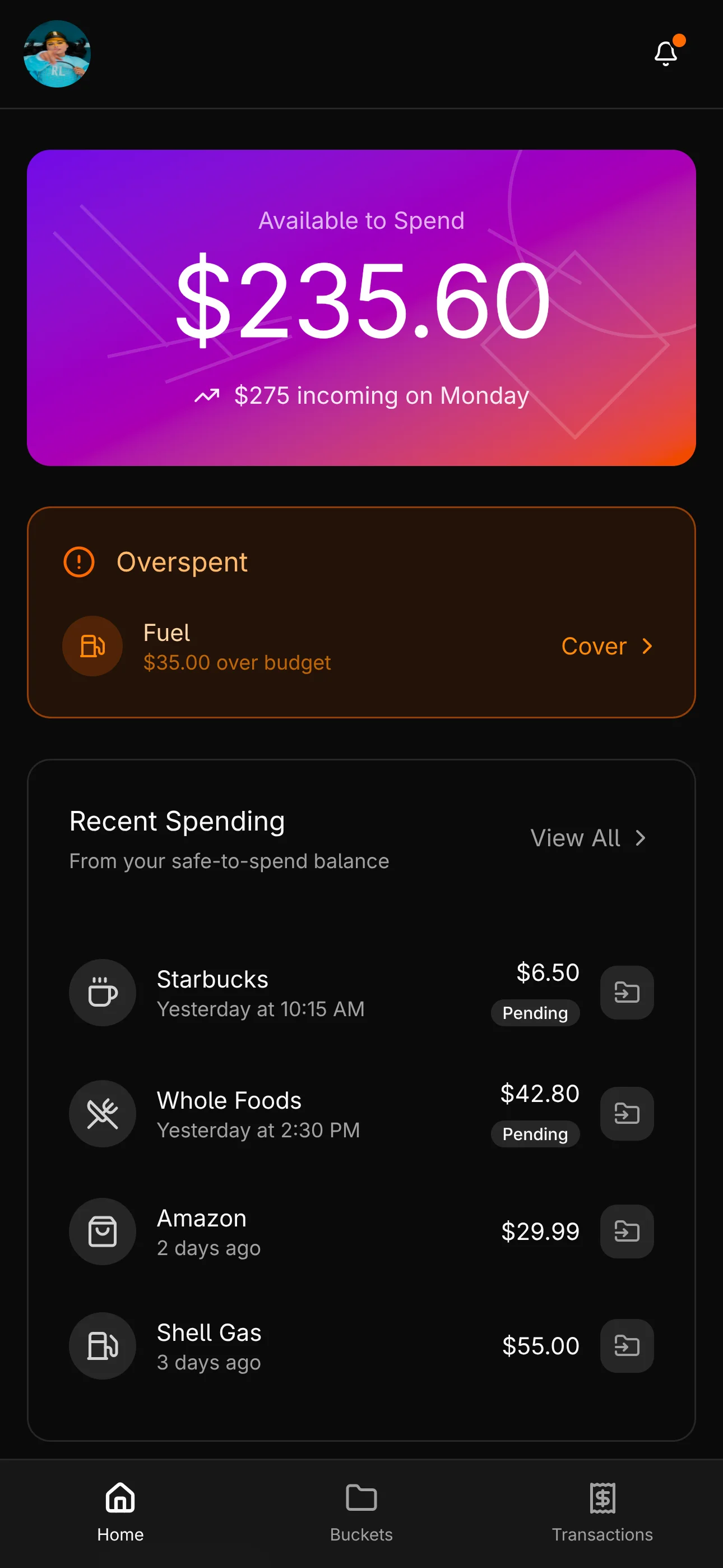 Residual spending overview — see exactly where your money goes