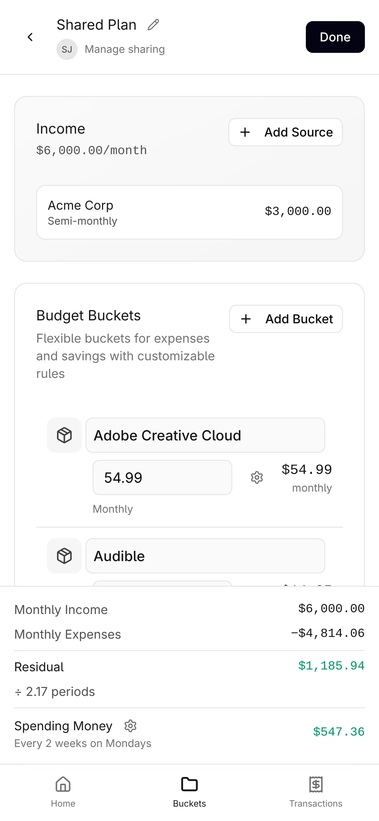Safe-to-spend overview screen